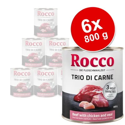 Rocco Trio di Carne, 6 x 800 g puszek. Widoczne: wołowina z kurczakiem i cielęciną, 3 rodzaje mięsa. Tekst na opakowaniu w języku angielskim i niemieckim.