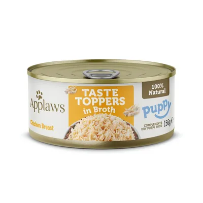 Applaws Taste Toppers in Broth, chicken breast flavour, 100% natural, complements dry puppy food, 156g tin.