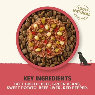 100%-ban természetes összetevők. Fő összetevők: marhahúsleves, marhahús, zöldbab, édesburgonya, marhamáj, piros paprika. 100%-ban természetes összetevők. Fő összetevők: marhahúsleves, marhahús, zöldbab, édesburgonya, marhamáj, piros paprika.