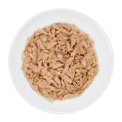 Close-up of shredded tuna in a white bowl, suitable as pet food.