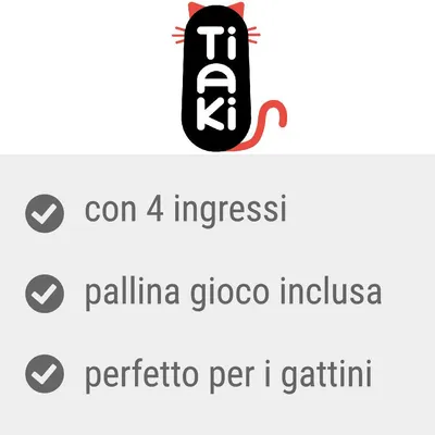 Tiaki con 4 ingressi, pallina gioco inclusa, perfetto per i gattini. Testo visibile nell'immagine.