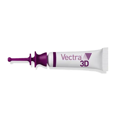 Pipette blanche et violette avec texte visible : Vectra 3D. Emballage individuel, embout doseur apparent.