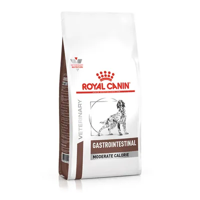 Royal Canin Veterinary Gastrointestinal Moderate Calorie hundefoder, tekst: VETERINARY NUTRITION, billede af hund på posen