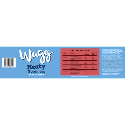 Wagg Meaty Goodness Beef Dinner daily feeding guide showing recommended serving sizes by dog size and weight, with calorie content per 100g listed as 338 kcal.