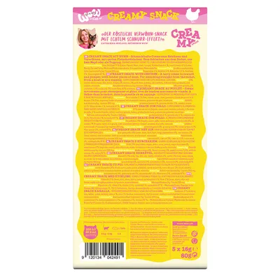 CREAMY SNACK s piščancem. Sestavine, priporočilo za hranjenje: 2–4 kg, 3–4 palčke na dan. Energijska vrednost 100 kJ/24 kcal na palčko. Vsebina pakiranja: 5 x 16 g, 80 g.