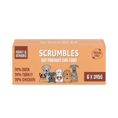 Scrumbles gut friendly dog food for adult and senior dogs, grain free, 70% duck, 70% turkey, 70% chicken, pack of 6 x 395g.