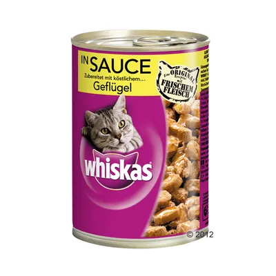Puszka Whiskas IN SAUCE Geflügel, widoczny kawałki mięsa w sosie. Tekst po niemiecku: Zubereitet mit köstlichem... Geflügel, Frischem Fleisch.