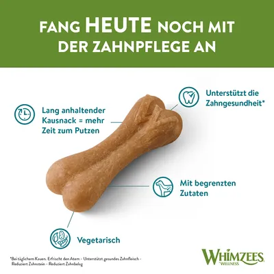 Texte en allemand : 'Fang HEUTE noch mit der Zahnpflege an'. Autour d’une friandise os, textes : 'Lang anhaltender Kausnack = mehr Zeit zum Putzen', 'Vegetarisch', 'Unterstützt die Zahngesundheit', 'Mit begrenzten Zutaten'. Marque Whimzees.