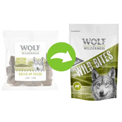 Zmena balenia Wolf of Wilderness Green Fields na Wolf of Wilderness Wild Bites Green Fields. Viditeľné texty: 100% grain-free, lamb, snack.