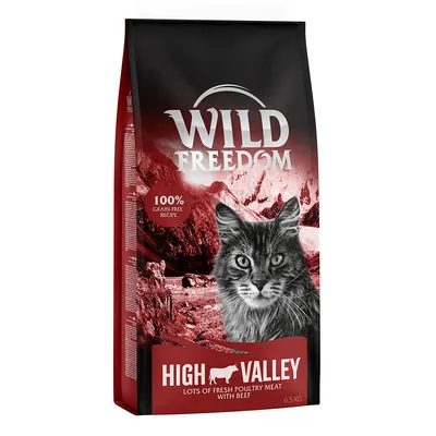 Wild Freedom High Valley, 6,5 kg. Widoczny napis: 100% grain-free recipe, lots of fresh poultry meat with beef. Opakowanie z wizerunkiem kota.