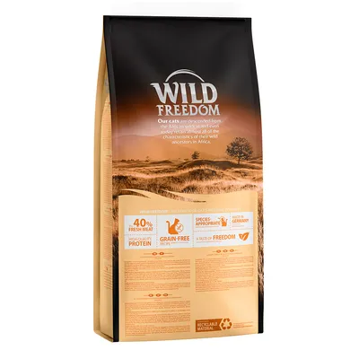 Opakowanie karmy Wild Freedom dla kotów, widoczne napisy: 40% fresh meat, high quality protein, grain-free recipe, species-appropriate, made in Germany, recyclable material.