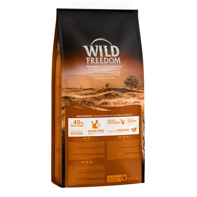 Saco de pienso para gatos Wild Freedom. Texto visible: 40% fresh meat, high quality protein, grain-free recipe, species-appropriate, made in Germany, a taste of freedom, recyclable material.