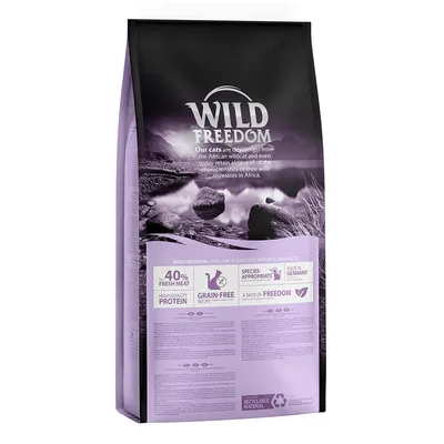 Wild Freedom kattenvoer verpakking met zichtbare tekst: 40% fresh meat, high quality protein, grain-free recipe, species-appropriate, made in Germany, a taste of freedom, recyclable material.