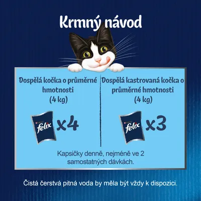 Krmný návod: dospělá kočka 4 kg – 4 kapsičky Felix denně, dospělá kastrovaná kočka 4 kg – 3 kapsičky Felix denně. Podávat ve 2 dávkách. Vždy zajistit čerstvou vodu.