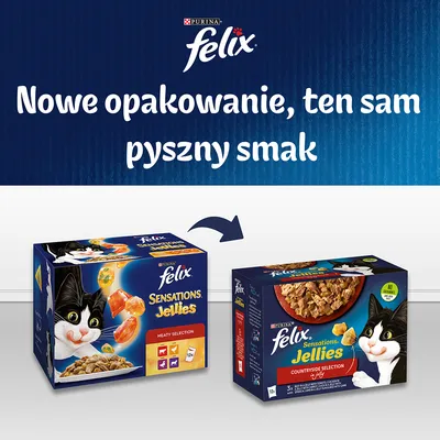 Purina Felix Sensations Jellies – nowe opakowanie, ten sam pyszny smak. Dwa kartony karmy dla kotów: stare i nowe opakowanie z widocznym napisem oraz grafiką kota.