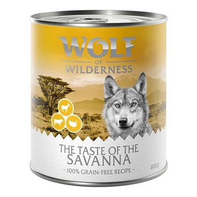 Wolf of Wilderness Dose, The Taste of the Savanna, 100% grain-free Rezept, 800g. Gelbes Design mit Savannenlandschaft und Tierikonen.