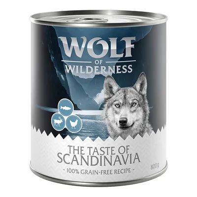 Wolf of Wilderness, The Taste of Scandinavia, 100% grain-free Rezept, 800g Dose mit Symbolen für Fisch, Huhn und Rentier.