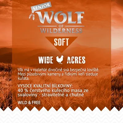 SENIOR WOLF OF WILDERNESS SOFT WIDE ACRES. Vysoce kvalitní bílkoviny: 40 % čerstvého kuřecího masa ze svaloviny – stravitelné a chutné. WILD & FREE.