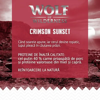 Wolf of Wilderness Crimson Sunset. Proteine de înaltă calitate: cel puțin 40 % carne proaspătă de porc și proteine valoroase din miel și capră. Reîntoarcere la natură.