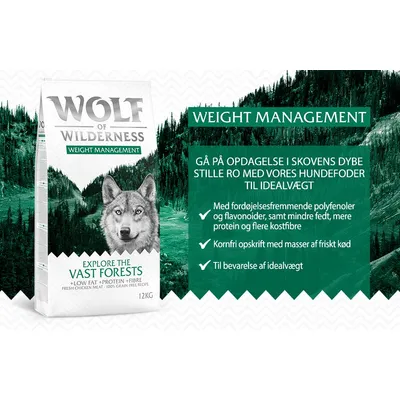 Wolf of Wilderness Weight Management hundefoder 12 kg. Explore the Vast Forests. Kornfri opskrift, lavt fedtindhold, højt protein og fibre. Til bevarelse af idealvægt. Frisk kød nævnt.