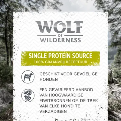 Wolf of Wilderness, Single Protein Source, 100% graanvrij receptuur. Geschikt voor gevoelige honden. Gevarieerd aanbod hoogwaardige eiwitbronnen om de trek van elke hond te verzadigen.