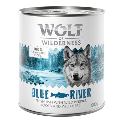 Wolf of Wilderness Blue River, 100% grain-free recipe, fresh fish with wild berries, roots and wild herbs, 800g can.