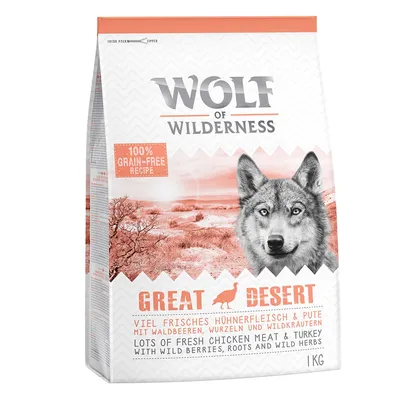 Wolf of Wilderness Great Desert, 100% grain-free recipe, sok friss csirkehús és pulyka, erdei bogyókkal, gyökerekkel és vadon termő fűszernövényekkel, 1 kg