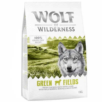 Wolf of Wilderness Green Fields, 1kg. Ricetta con carne fresca di pollo e agnello, frutti di bosco selvatiche, radici ed erbe aromatiche. 100% senza cereali.