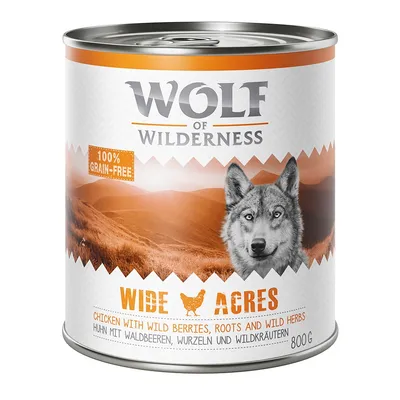 Wolf of Wilderness Wide Acres, 100 % grain-free, 800 g, poulet avec baies sauvages, racines et herbes sauvages. Texte en anglais et allemand visible sur l’étiquette.