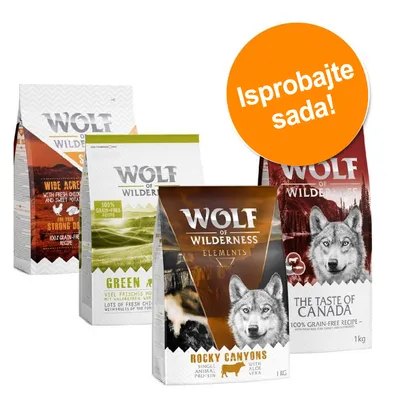Četiri pakiranja Wolf of Wilderness pseće hrane, varijante: Wide Acres, Green Fields, Rocky Canyons, The Taste of Canada. Narančasti krug s tekstom: Isprobajte sada!