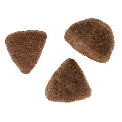 Three triangular brown kibble pieces shown close up to display shape and texture.