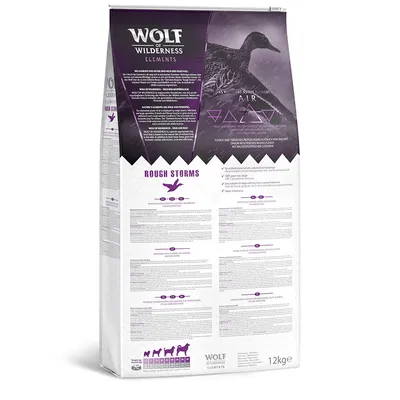 Wolf of Wilderness Elements Rough Storms -koiranruokapakkaus, 12 kg. Pakkaus sisältää ruokintaohjeen koiran painon mukaan ja tuotetietoja englanniksi ja saksaksi.