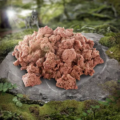Cibo per cani dalla consistenza carnosa su una pietra, circondato da paesaggio boschivo. Lupo visibile sullo sfondo.
