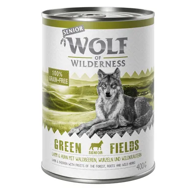 Tin labelled 'Wolf of Wilderness Senior Green Fields', 100% grain-free, lamb and chicken with fruits of the forest, roots and wild herbs, 400g.