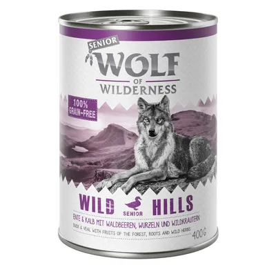 400g can labelled 100% grain-free, Wild Hills Senior, duck and veal with fruits of the forest, roots and wild herbs. Text in English and German.