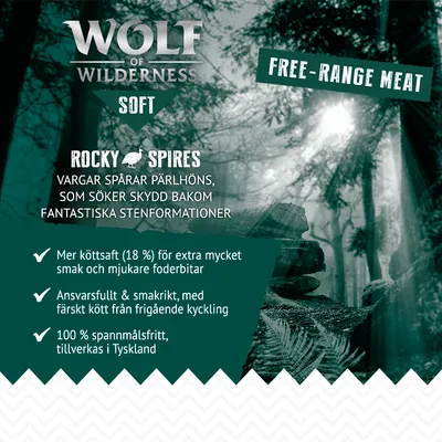 Wolf of Wilderness Soft Rocky Spires. Free-range meat. Mer köttsaft (18 %) för extra smak, färskt kött från frigående kyckling, 100 % spannmålsfritt, tillverkas i Tyskland.