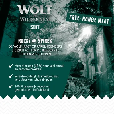 Wolf of Wilderness Soft Rocky Spires. Free-range meat. Meer vleessap (18%), vers vlees van scharrelkippen, 100% graanvrije receptuur, geproduceerd in Duitsland.