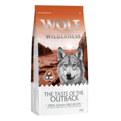 Embalagem de 1 kg Wolf of Wilderness The Taste of the Outback, receita sem cereais, com frango fresco, vaca, canguru e bagas silvestres. Texto em inglês visível na embalagem.