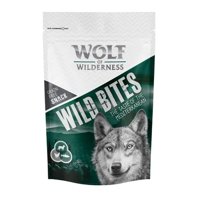 Wolf of Wilderness Wild Bites, Grain Free Snack, The Taste of the Mediterranean, sachet vert avec illustrations de chien et loup. Texte en anglais visible sur l’emballage.