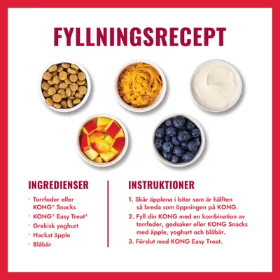 Fyllningsrecept för KONG: Ingredienslista med torrfoder, KONG Snacks, KONG Easy Treat, grekisk yoghurt, hackat äpple och blåbär samt steg-för-steg-instruktion. Fyllningsrecept för KONG: Ingredienslista med torrfoder, KONG Snacks, KONG Easy Treat, grekisk yoghurt, hackat äpple och blåbär samt steg-för-steg-instruktion.