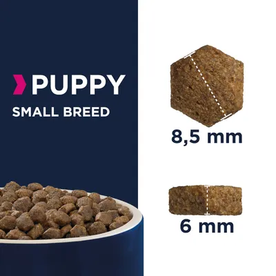 Small breed puppy food with kibble size shown as 8.5 mm diameter and 6 mm thickness.