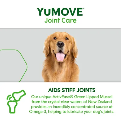 YuMOVE Joint Care. Unterstützt steife Gelenke mit ActivEase Grünlippmuschel aus Neuseeland, konzentrierte Omega-3-Quelle zur Schmierung der Gelenke.
