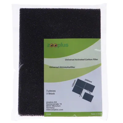 Filtru universal cu cărbune activ, dimensiuni: 150mm x 200mm, 3 bucăți. Zooplus AG, Sonnenstraße 15, 80331 München, Germany. Made in China.
