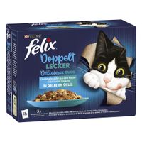 Purina Felix Doppelt Lecker, raznoliki okusi iz vode v želeju. 12 porcij s polenovko, lososom, sledom, postrvjo, sardino in skušo.