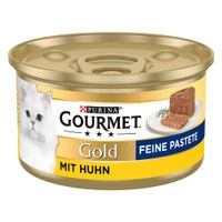 Purina Gourmet Gold Fine Pâté con pollo, cibo per gatti in una lattina dorata con immagine di un gatto bianco e pâté servito.
