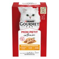 Purina Gourmet Mon Petit Intense, fini trakovi v omaki, okusi: govedina, teletina, jagnjetina. Paket 6x50g. Zeleni simbol za 24 porcije viden.