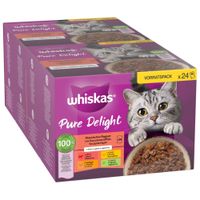 Whiskas Pure Delight ragù misto in gelatina, 96 buste con manzo, pollo, salmone e tonno. La confezione mostra un gatto e dettagli del prodotto.