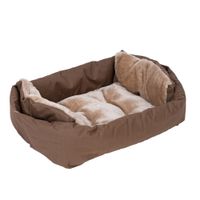 Letto per animali marrone con imbottitura beige morbida e lati rialzati per maggiore comfort.