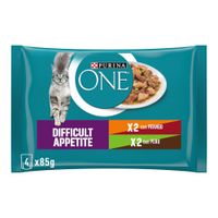 Purina ONE Difficult Appetite, 4x85g, 2x con pollo, 2x con tacchino. Cibo umido per gatti.