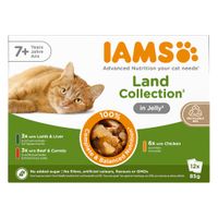 IAMS Land Collection in Jelly für Katzen ab 7 Jahren. Sorten: 3x Lamm & Leber, 3x Rind & Karotten, 6x Huhn. Ohne Zucker, künstliche Zusätze oder GVO. Recycelbare Verpackung, 12x85g.